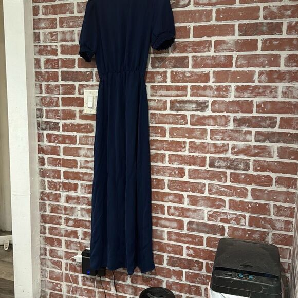 Farrow Navy Blue Puff Sleeve Tulip Hem V-Neck Maxi Dress Size Small Fair Cond - Picture 2 of 9